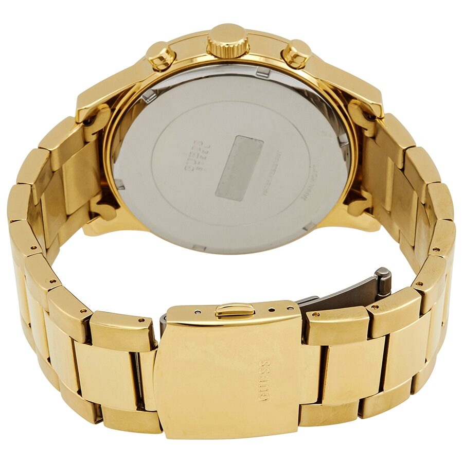 Caseback of Guess Atlas Chronograph watch showing gold-tone case, bracelet links, and folding clasp