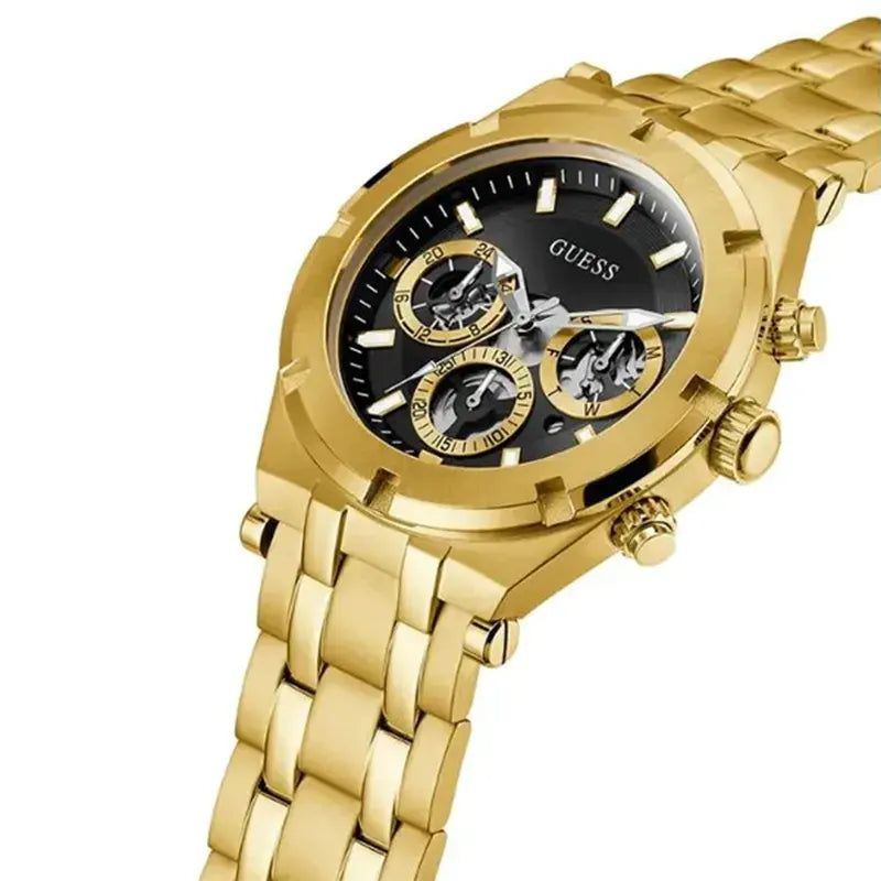 Guess Atlas chronograph watch angled view showing gold case and black dial