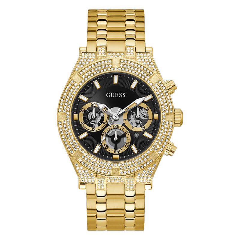 Guess Atlas gold-tone chronograph watch with diamond-set bezel and black dial