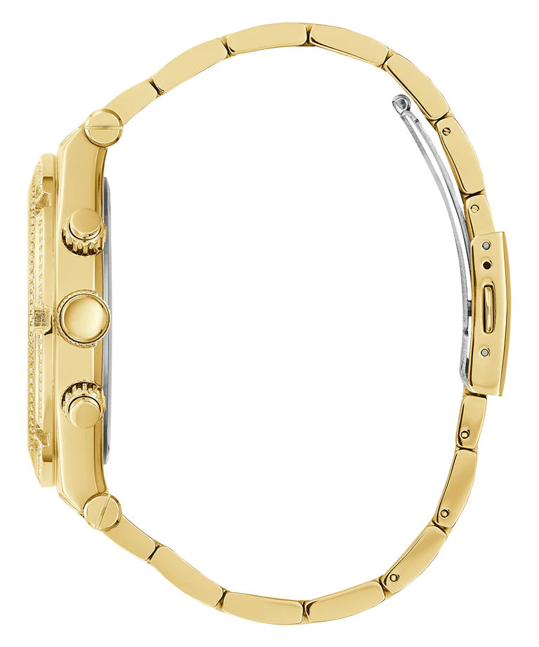 Gold-tone case and bracelet detail of Guess Atlas chronograph watch