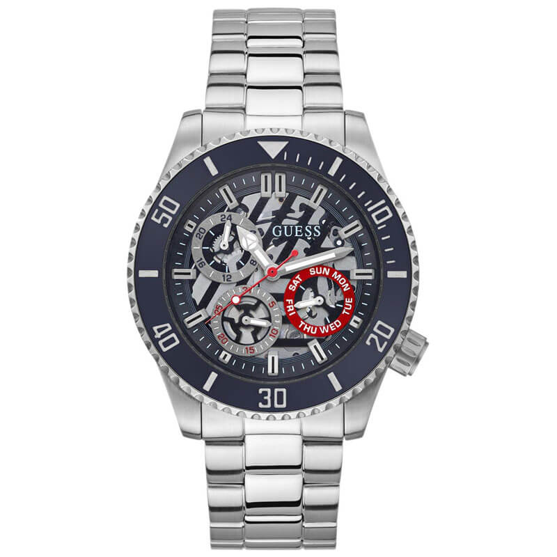 GUESS Axle silver-tone men's watch with blue skeleton dial and red accents