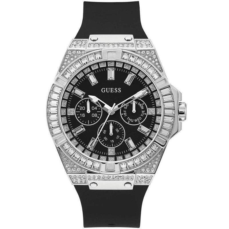 Guess Baguette Crystals black men watch with silver crystal-set case and chronograph dial