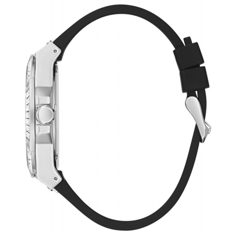 Side profile of Guess Baguette Crystals watch showing case thickness and black strap