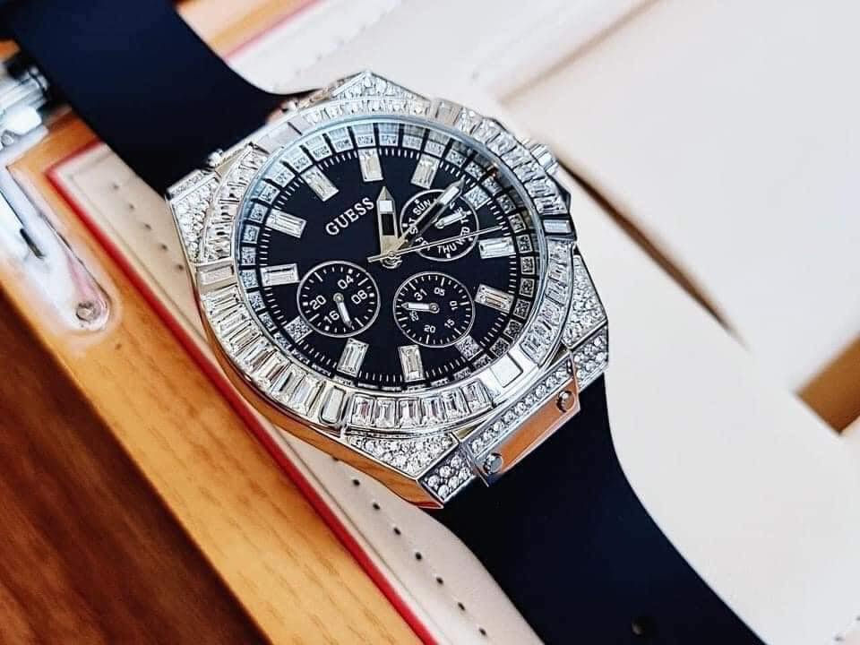 Guess Baguette Crystals watch worn on wrist with casual styling