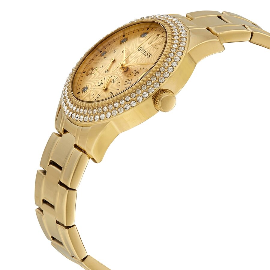 Guess Bedazzle watch side view showing gold-tone bracelet and crystal bezel detail