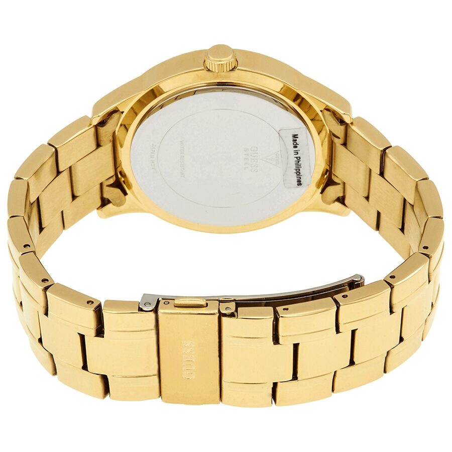 Guess Bedazzle watch caseback showing gold-tone stainless steel bracelet and closure