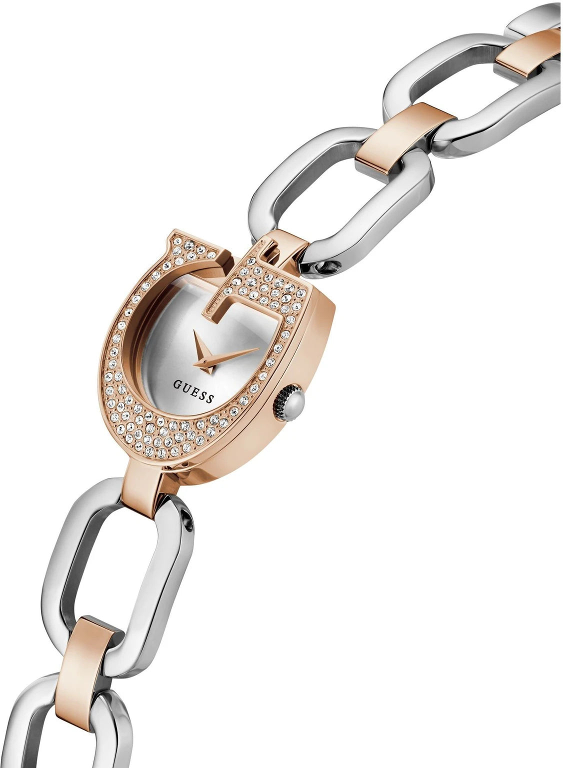 GUESS Bejeweled watch three-quarter view showing crystal-set bezel and two-tone bracelet design