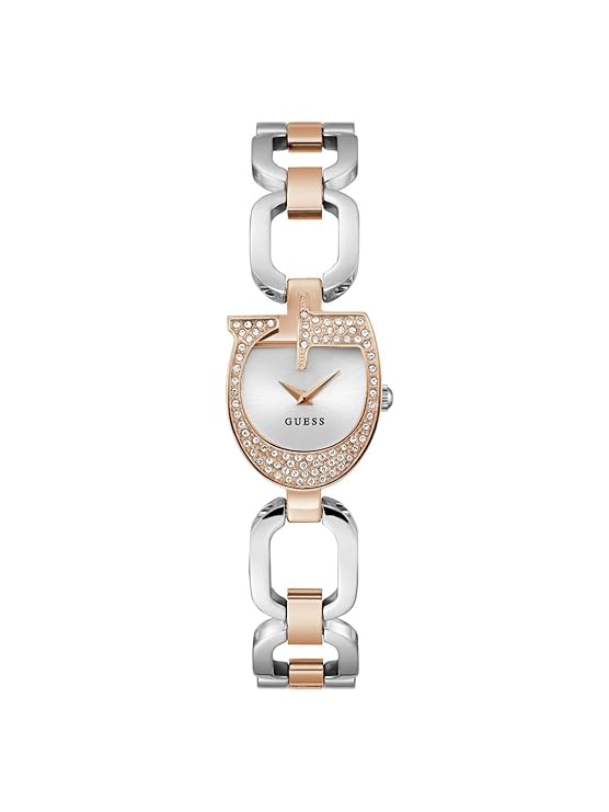 GUESS Bejeweled silver dial women's watch with crystal-set rose gold case and two-tone bracelet