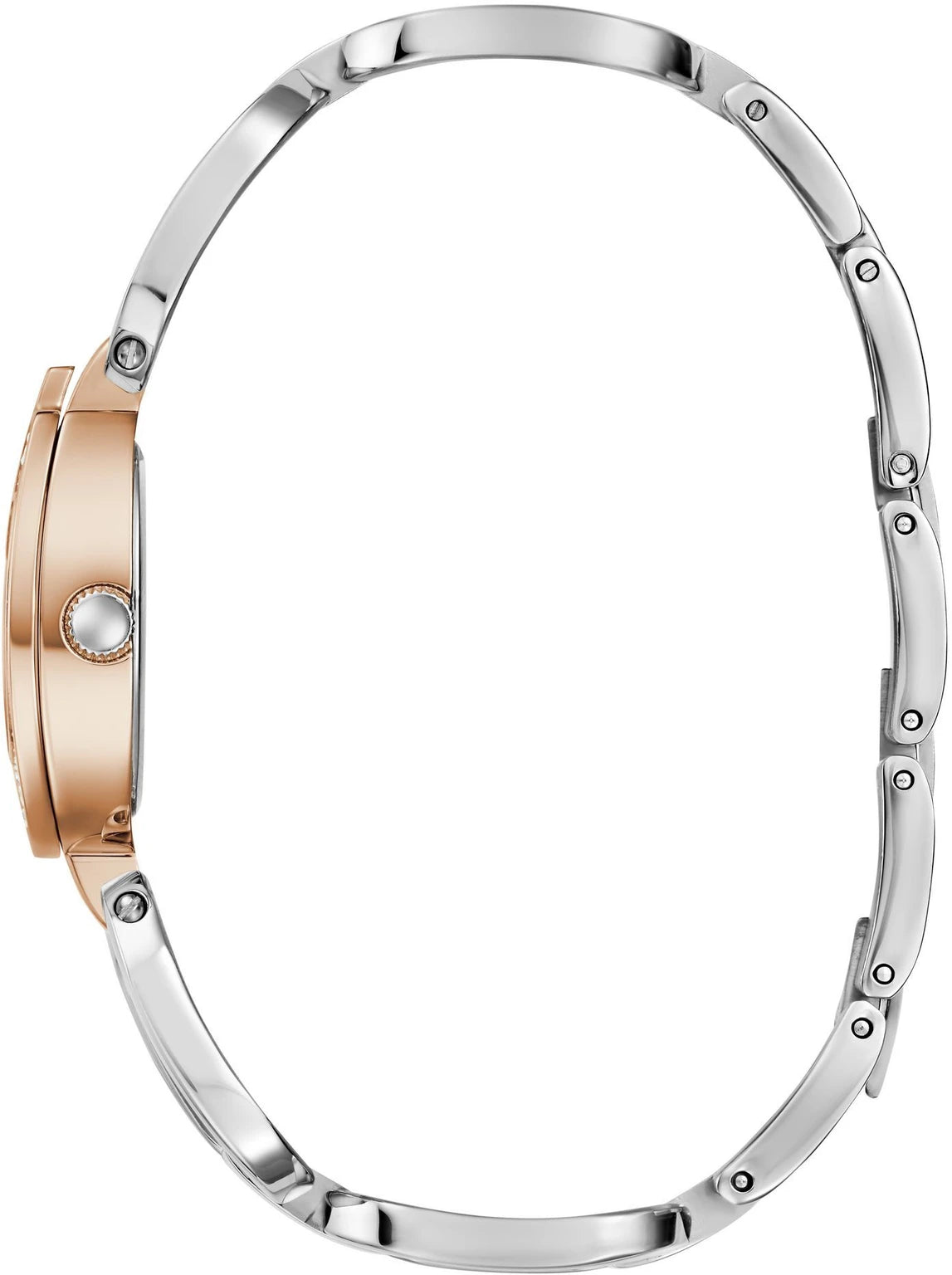 GUESS Bejeweled watch side view displaying rose gold case with crystal setting and steel bracelet