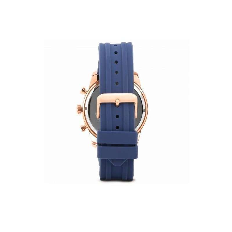 Guess Caliber watch back view showing case back and blue rubber strap with buckle