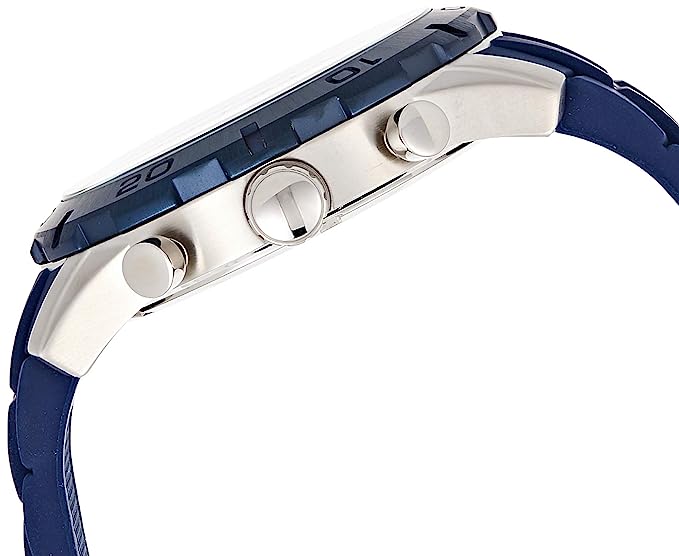 Side view of Guess Caliber watch showing blue and white rubber strap with chronograph pushers