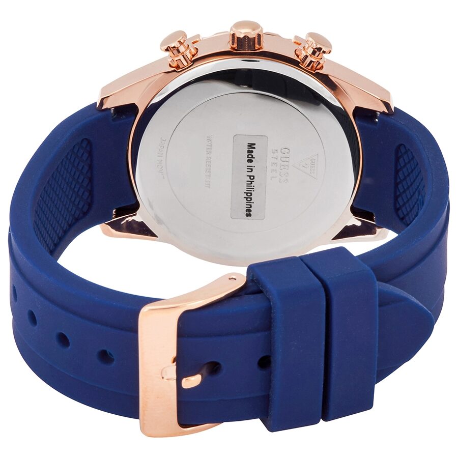 Guess Catalina caseback view displaying stainless steel case back and blue silicone strap with buckle
