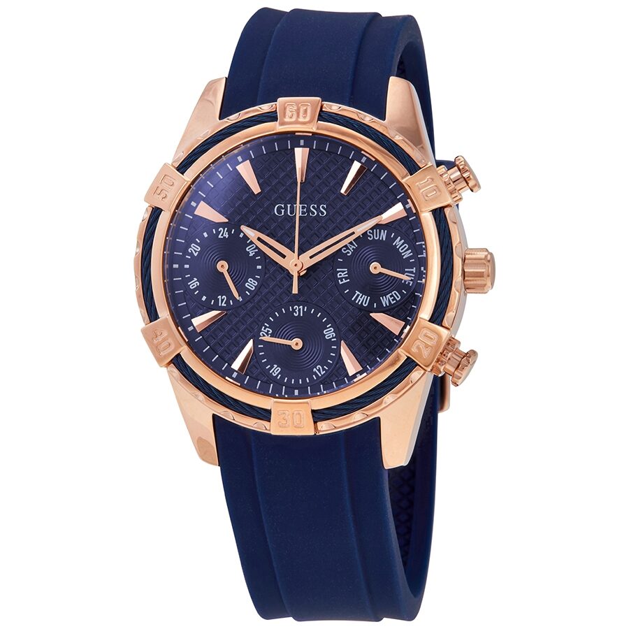 Guess Catalina quartz watch with blue dial, rose gold case, chronograph subdials, and blue silicone strap