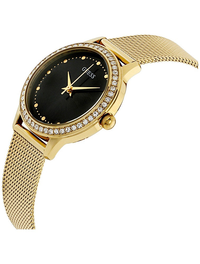 Gold mesh bracelet watch at angle showing black dial and crystal-set bezel