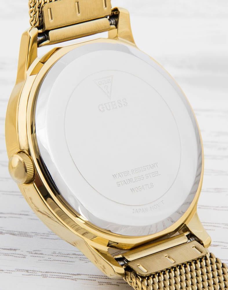 Guess Chelsea watch caseback showing stainless steel case and water-resistant marking