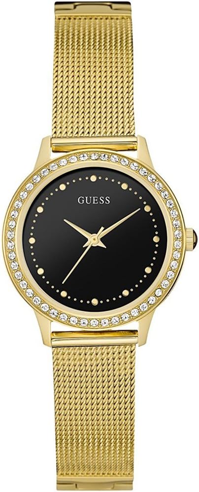 Guess Chelsea Crystals black dial watch with gold mesh bracelet and crystal bezel