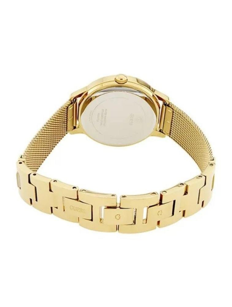 Guess Chelsea watch viewed from side showing gold mesh and gold-tone case profile