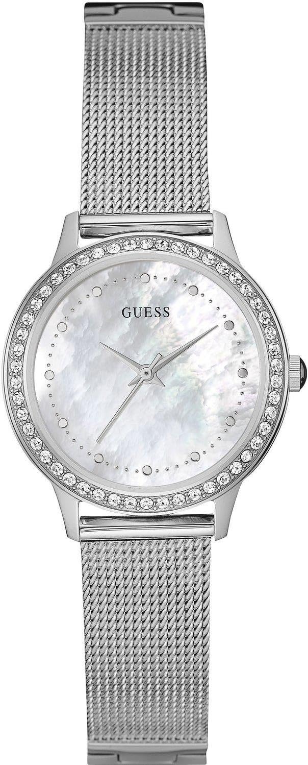 Guess Chelsea women's watch with white mother of pearl dial and crystal-set bezel on silver mesh strap