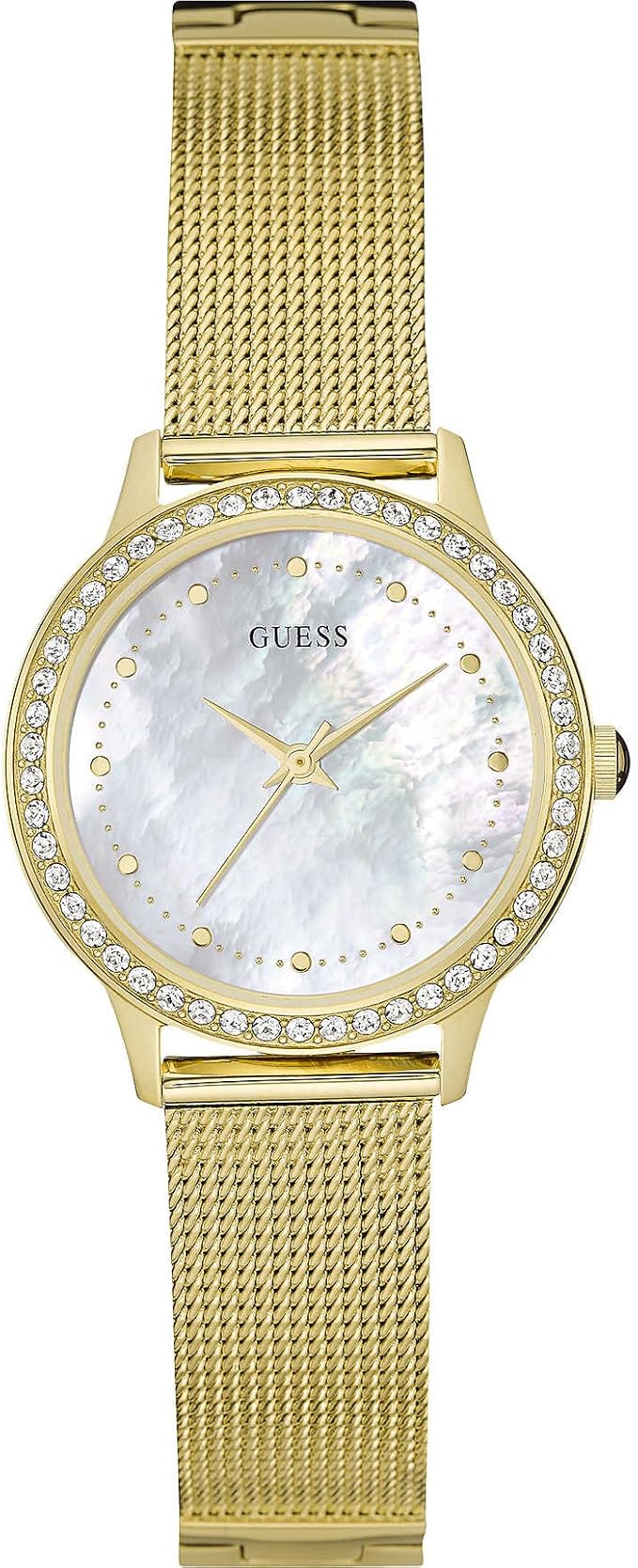 Guess Chelsea gold watch with mother of pearl dial and mesh strap