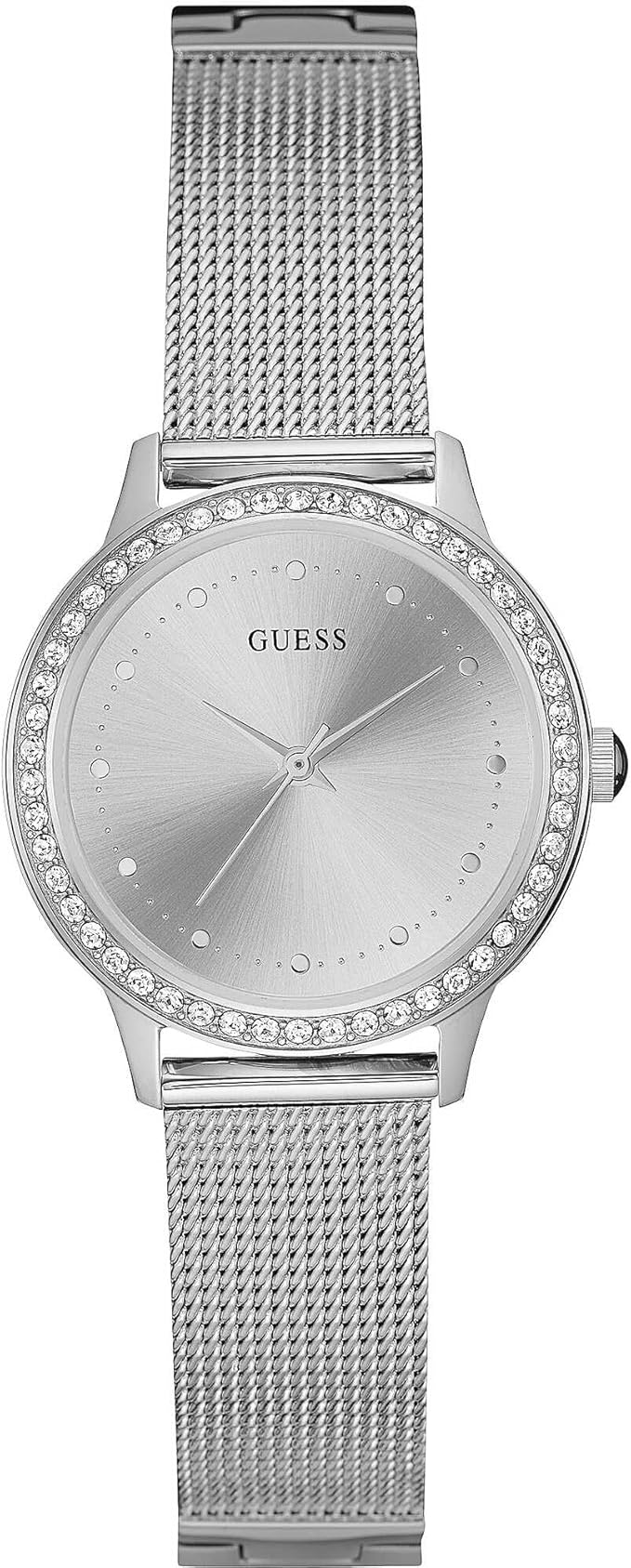 Guess Chelsea women's watch with round silver dial, crystal-set bezel, and mesh bracelet