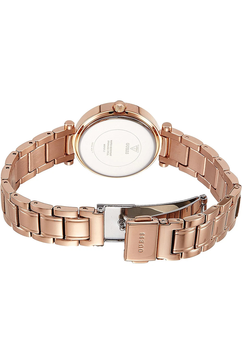 Case back of Guess Chic Radiance watch with stainless steel link bracelet visible