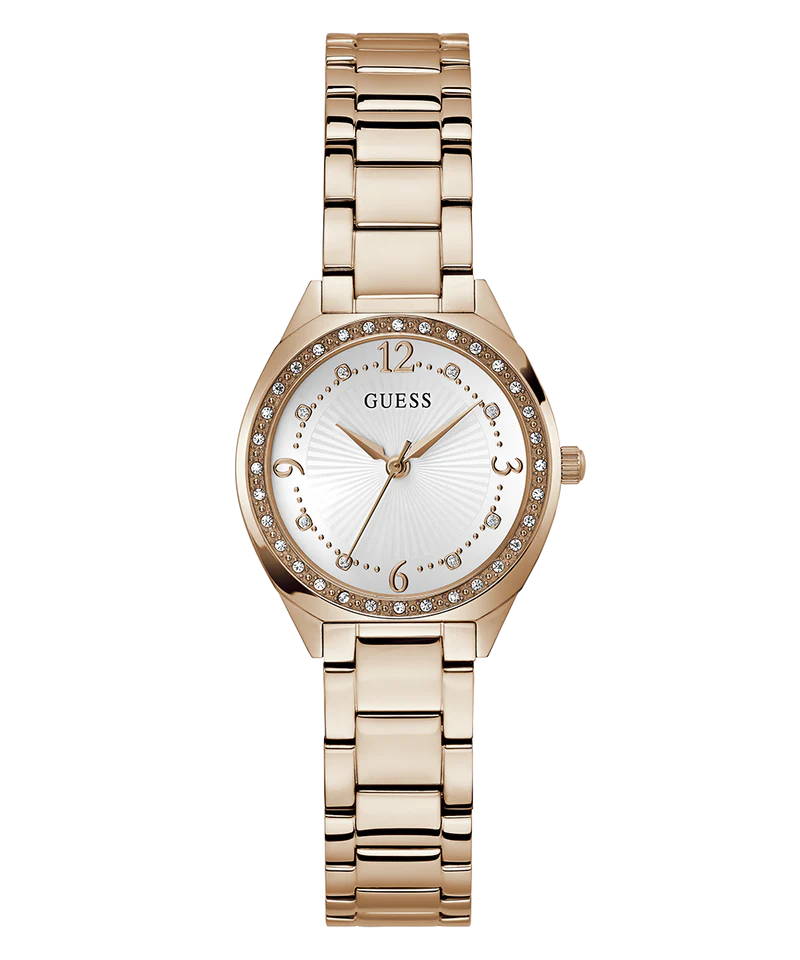 Guess Chic Radiance gold stainless steel women's watch with white dial and crystal bezel