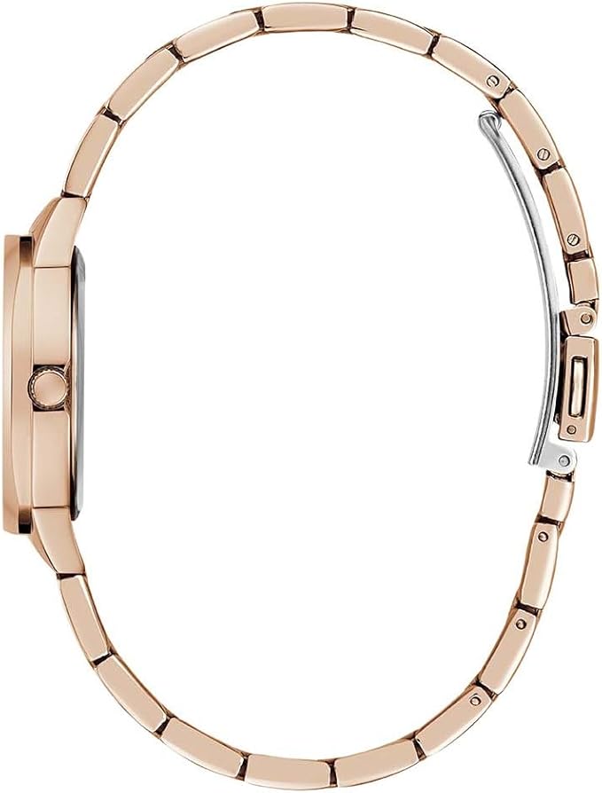 Side profile of Guess Chic Radiance gold watch showing case and link bracelet