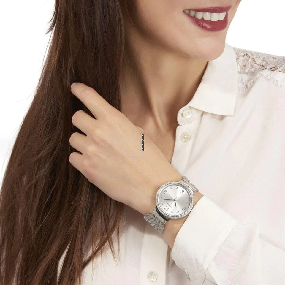 Guess Chiffon Crystal Silver Dial Ladies Watch W1083L1 - Watch