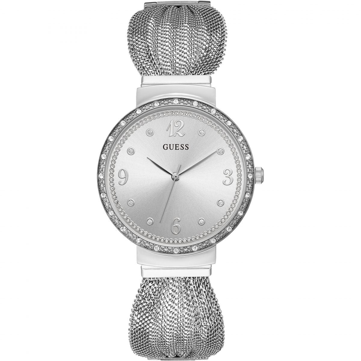 Guess Chiffon ladies watch with silver dial, crystal bezel, and silver mesh strap