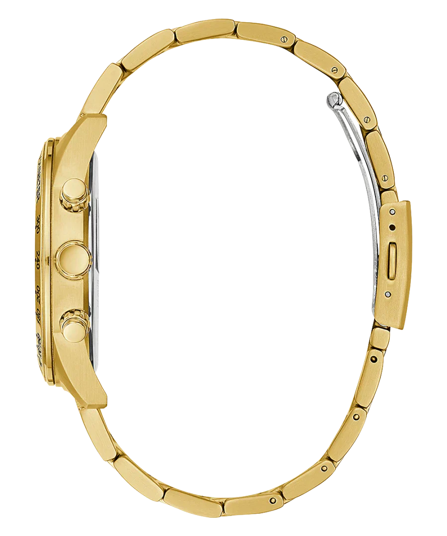 Side view of Guess all gold chronograph watch with three-link bracelet band