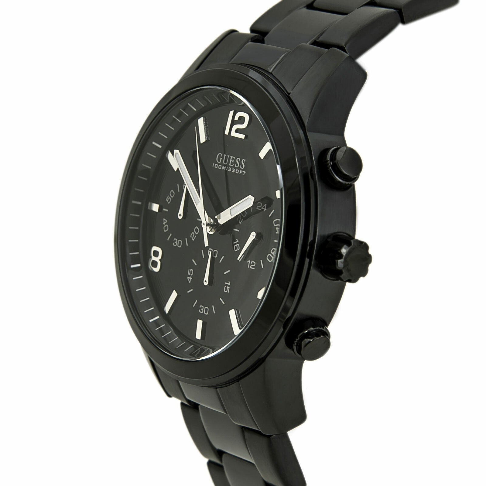 Side angle view of Guess chronograph watch showing black case profile and three-link stainless steel bracelet