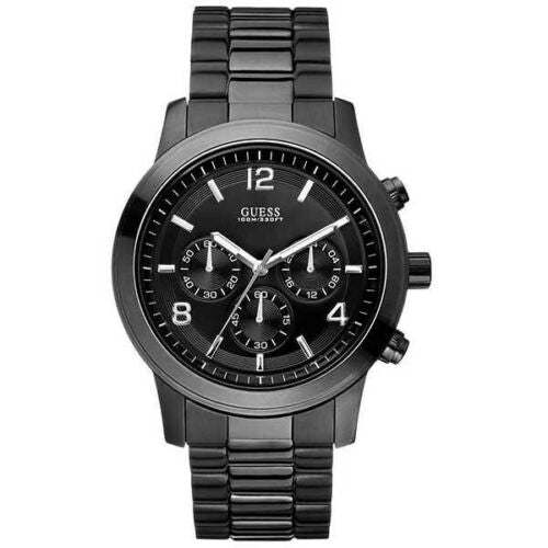 Guess chronograph men's watch with black stainless steel case and bracelet, black dial with Arabic numerals and three subdials