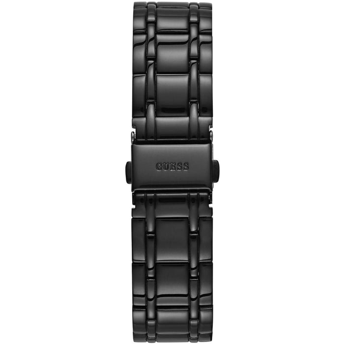 Close-up of black stainless steel three-link bracelet with Guess brand clasp