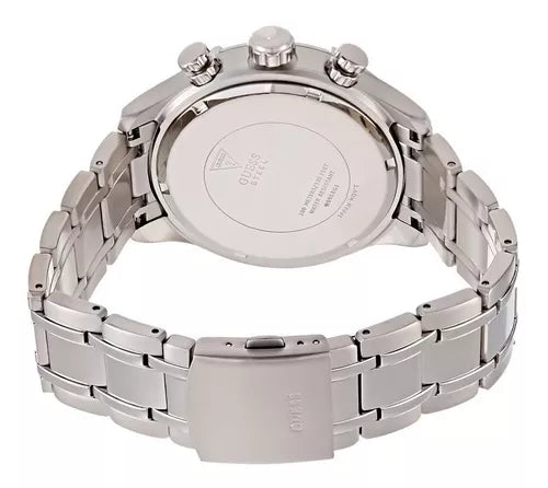 Guess Circuit caseback showing silver steel with GUESS branding and watch specifications