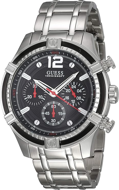 Guess Circuit chronograph watch with black dial, silver steel case and bracelet