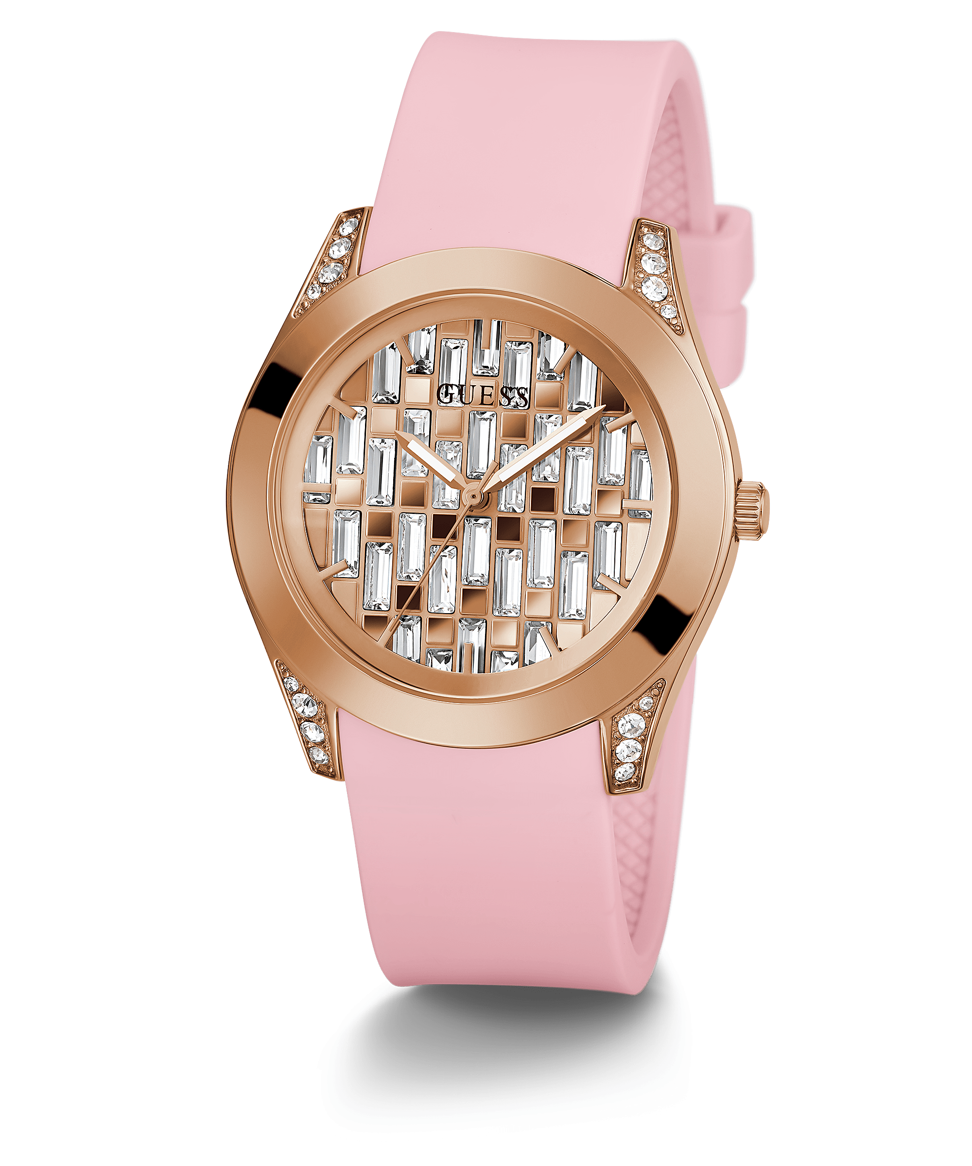 Three-quarter view of Guess Clarity watch showing rose gold case, crystal lugs, and pink strap