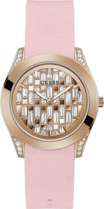 Guess Clarity women's watch with rose gold case, pink silicone strap, crystal-studded lugs, and patterned dial