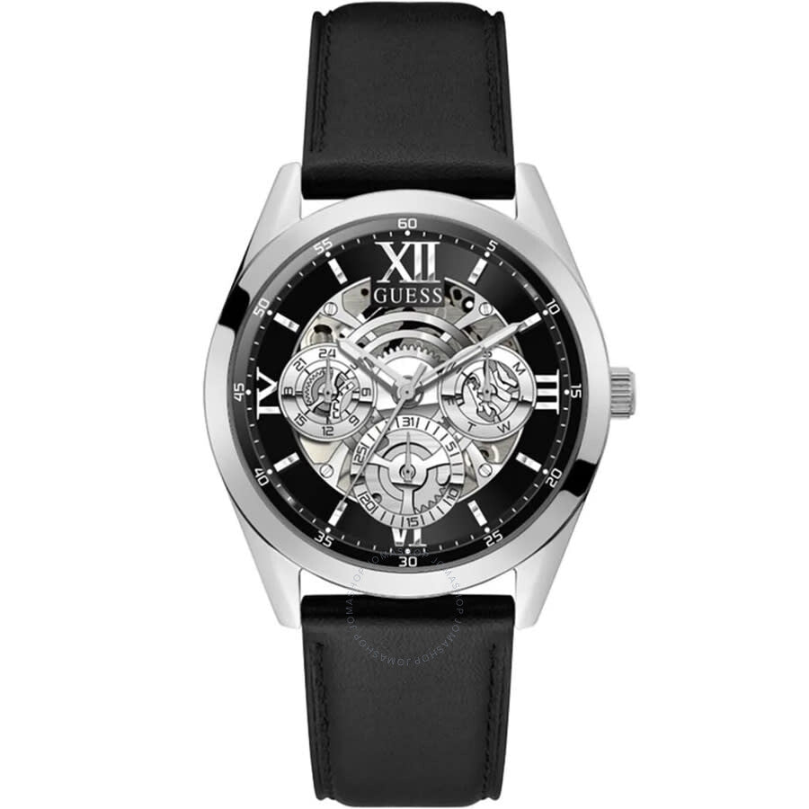 Guess Classic silver-tone men's watch with skeleton dial, black leather strap, and Roman numeral hour markers