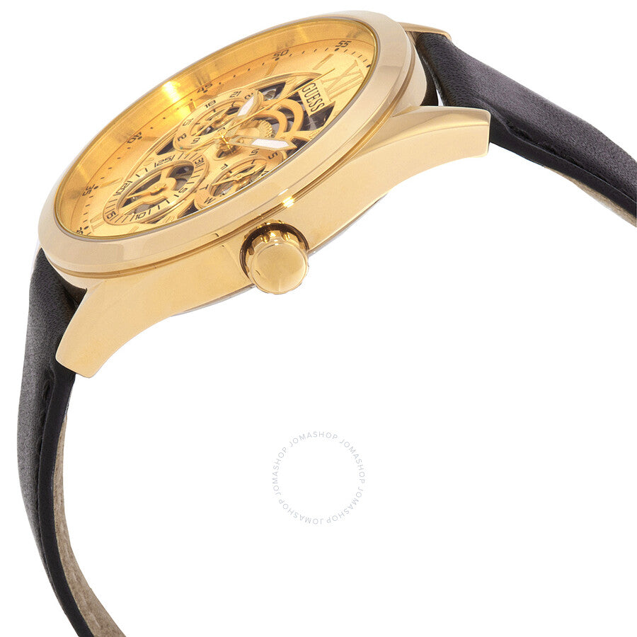 Side angle view of Guess Classic watch showing gold-tone case, crown, and black leather strap