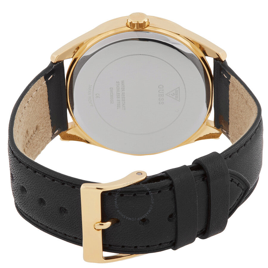 Case back view of Guess Classic watch with black leather strap and gold-tone buckle closure
