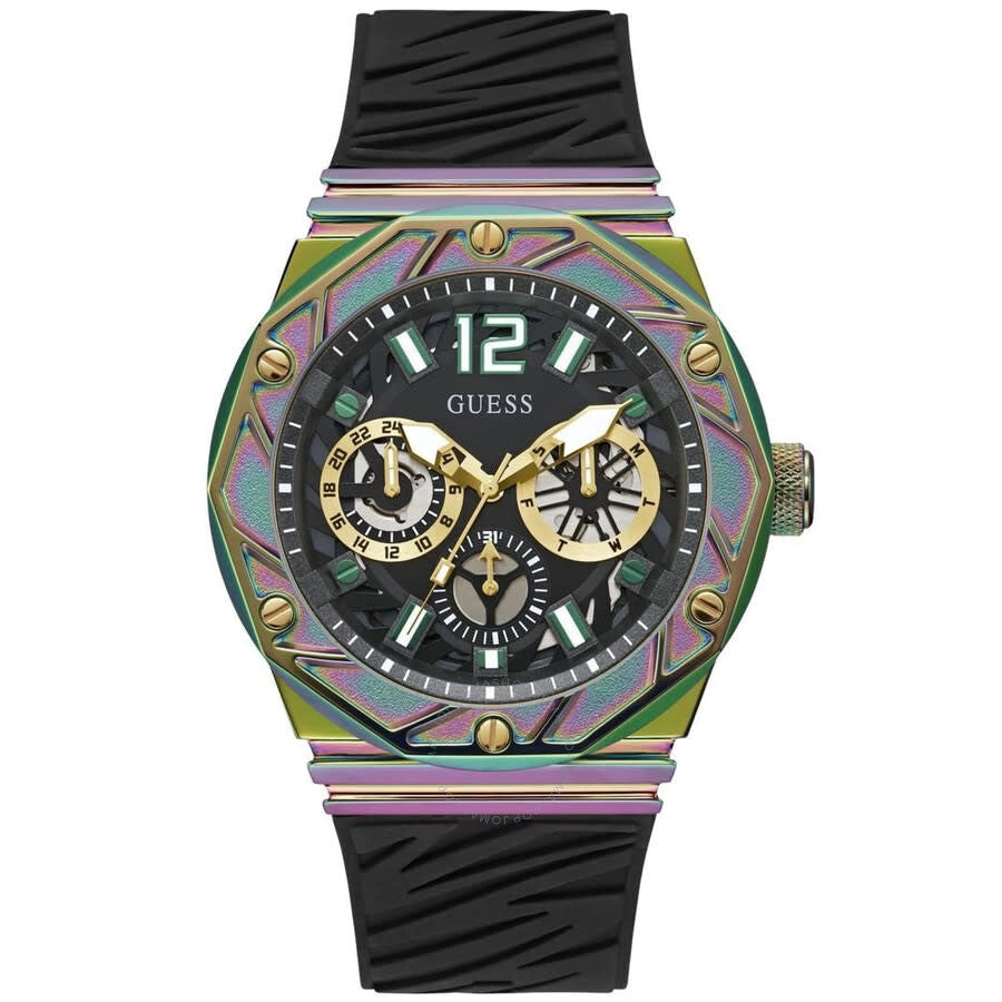 Guess Classic men's watch with black dial, multicolored square case, gold chronograph subdials, and black silicone strap