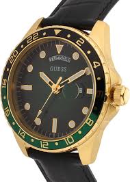Angled view of Guess Comet watch displaying green dial and GMT bezel