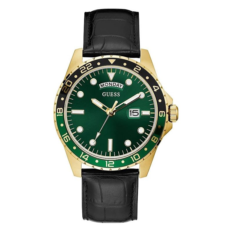 Guess Comet green dial watch with gold case and black leather strap
