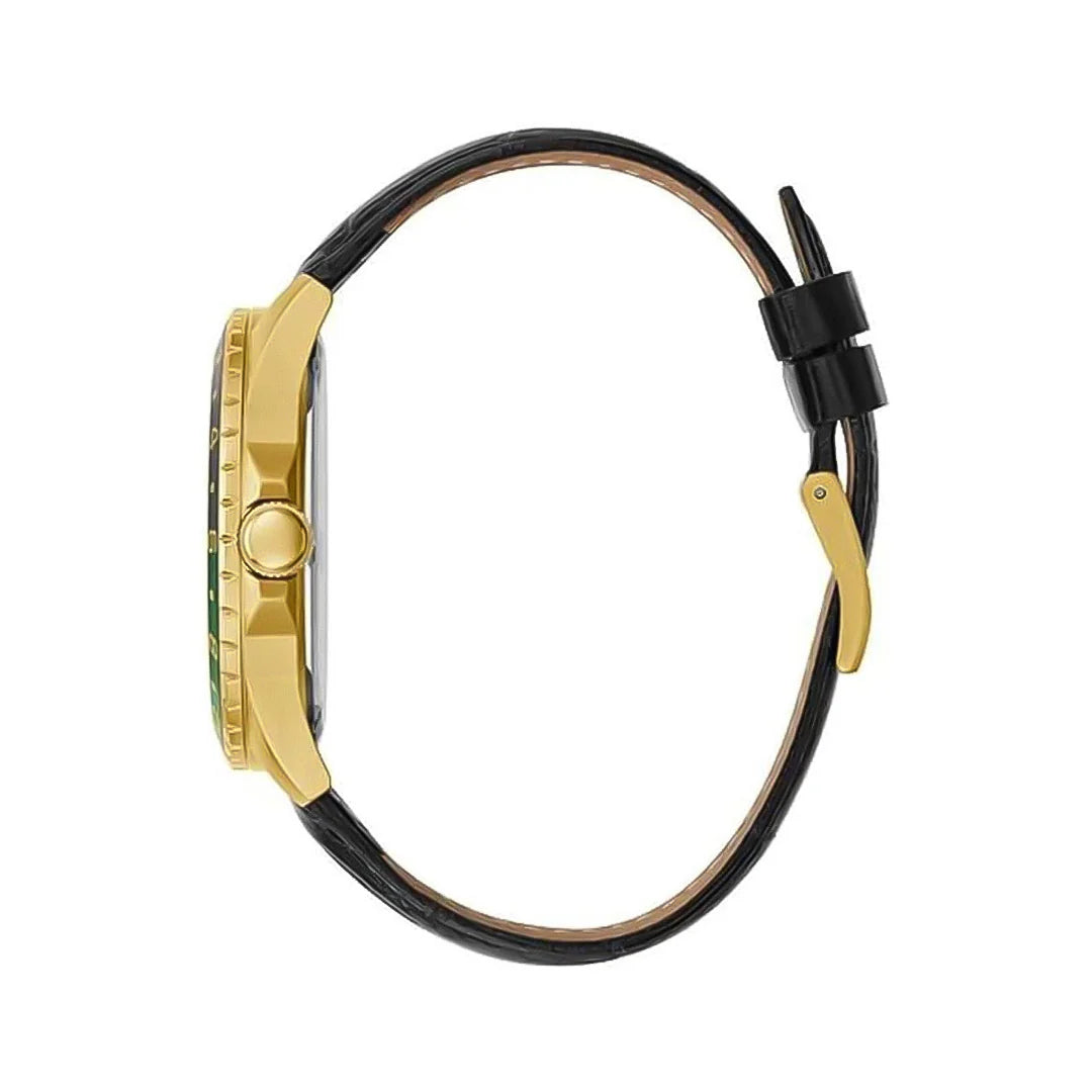 Side profile of Guess Comet watch showing gold case and black leather band