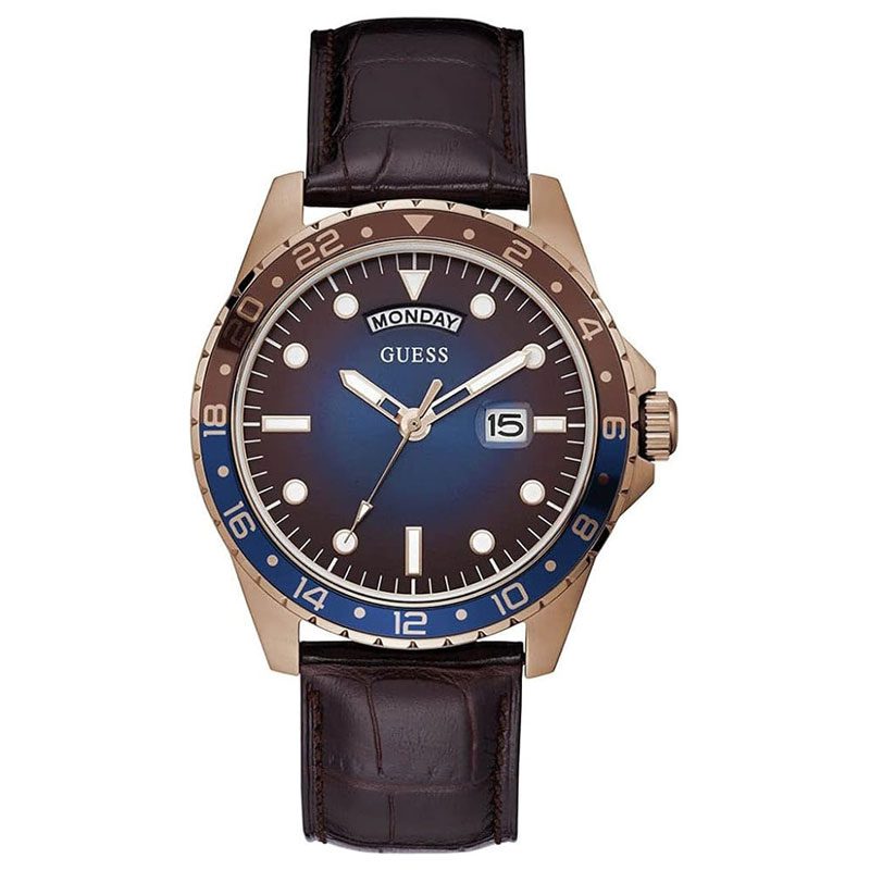 Guess Comet analog men's watch with blue dial, rose gold case, and black leather strap