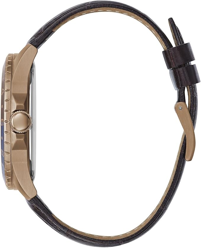 Side view of Guess Comet watch showing rose gold case and black crocodile leather strap