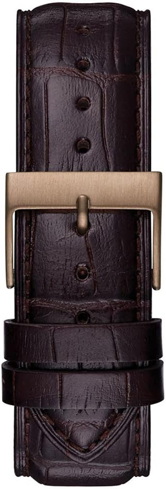 Guess Comet watch strap detail showing black crocodile textured leather with rose gold buckle