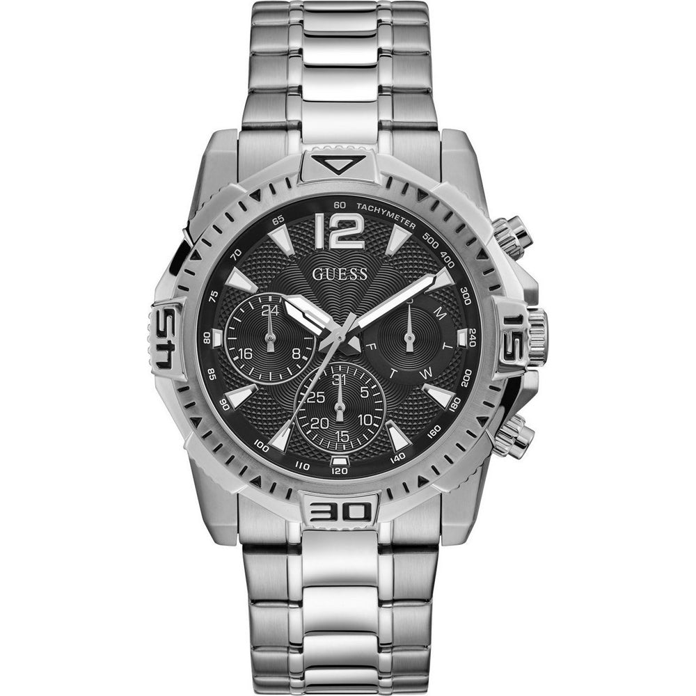 Guess Commander silver-tone men's chronograph watch with black dial and steel bracelet