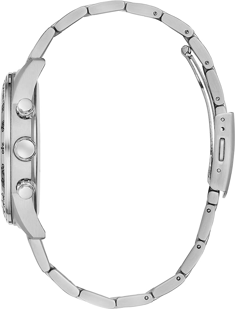 Side view of Guess Commander watch showing silver-tone steel bracelet and case profile