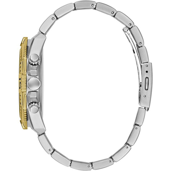 Side profile of Guess Commander watch showing two-tone steel bracelet and gold-tone case edge